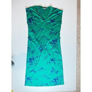 Vintage Mondi West Germany Green Blue Abstract Print Cotton V-Neck Dress 44 L